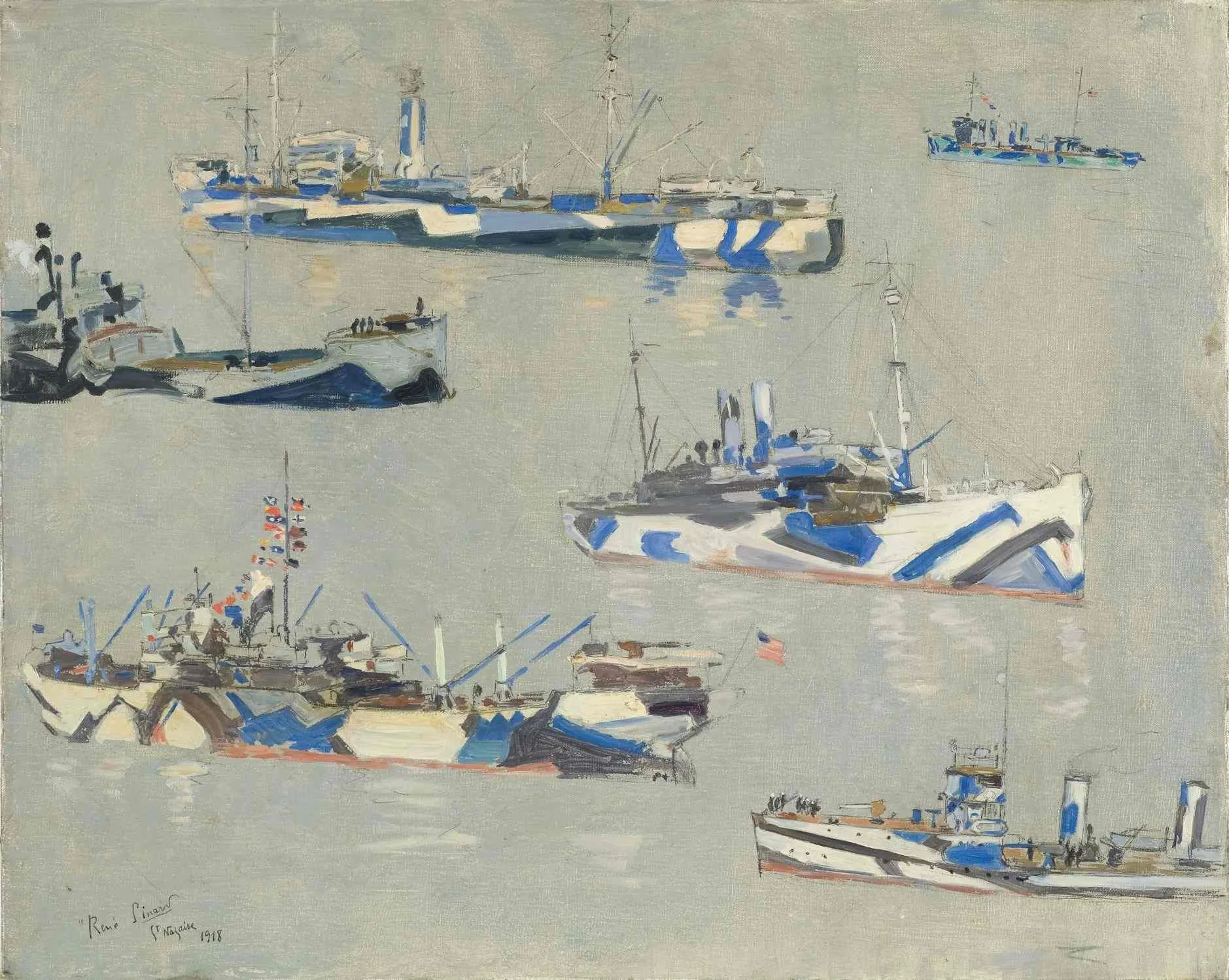 Paintings of various types of ships painted in dazzle camouflage